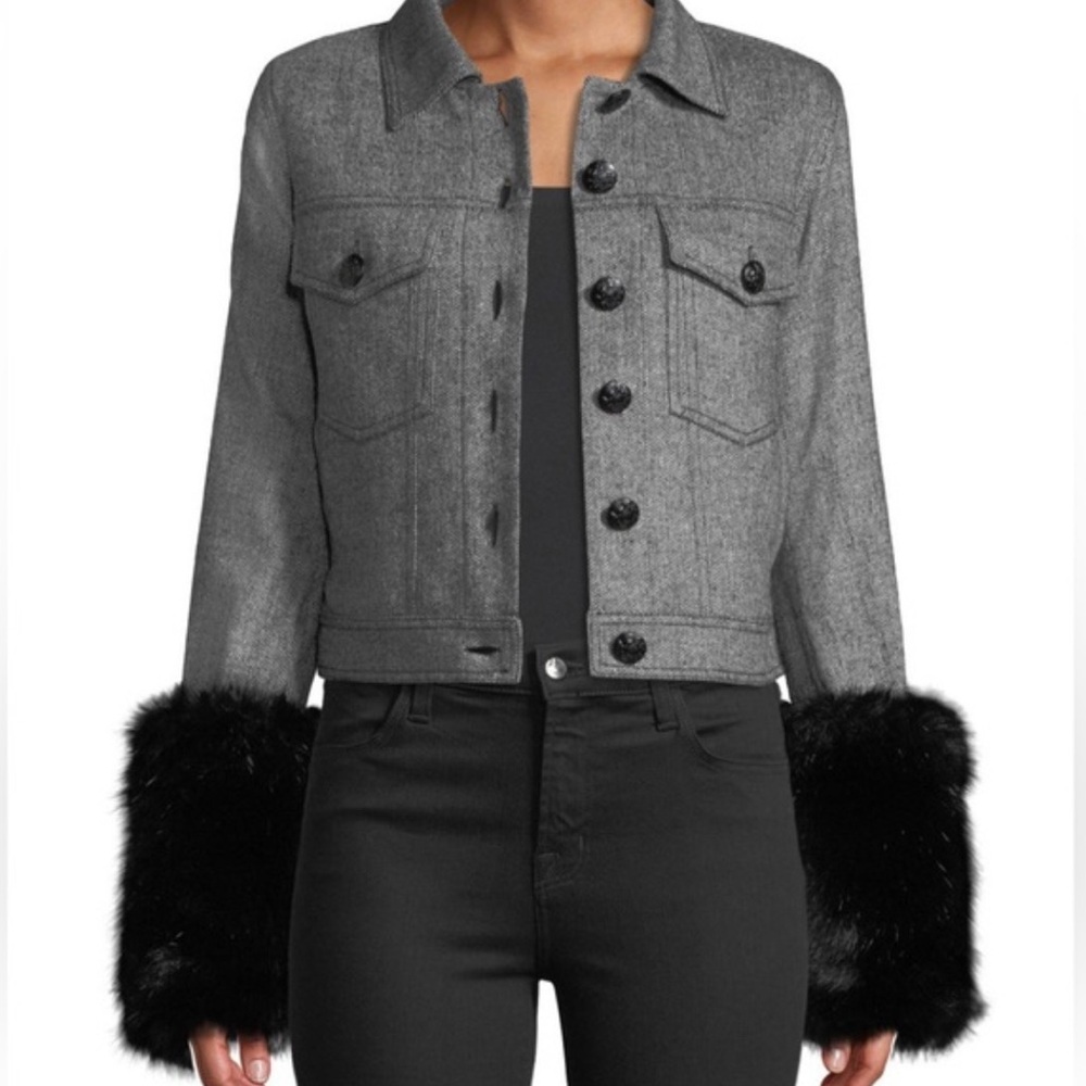 Veronica Beard Burke Herringbone Jacket with Faux Fur Cuffs